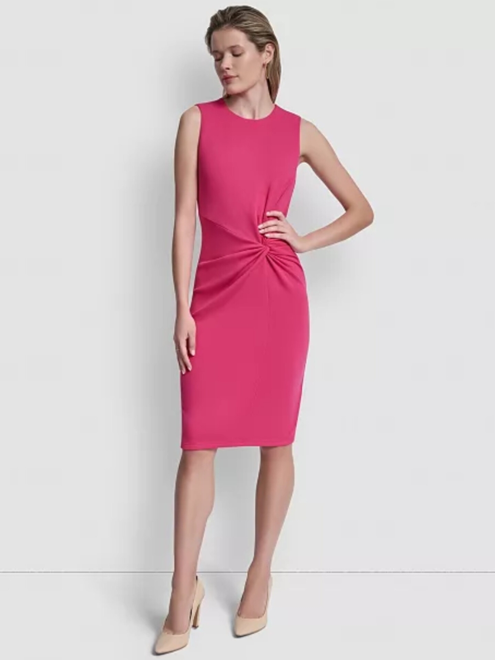 DKNY Fuchsia Sleeveless Twist-Detail Midi Sheath Dress $119 Retail NWT
